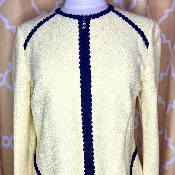 St. John Collection Knit Zip Jacket, Butter Yellow w/ Navy Ric Rac Trim , Size 6 - Picture 1 of 10